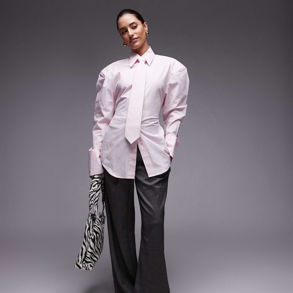 ASOS baby pink cinch waist shirt with shoulder pads and tie - Picture 2 of 7